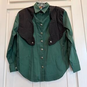 Reno Vintage 90's Western Shirt M Green Black Concho Cutout Choker Collar Cotton